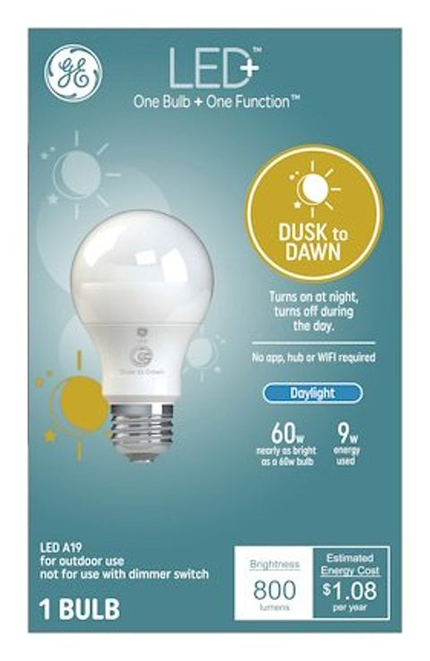 GE 93128969 Dusk to Dawn LED Bulb, A19 Lamp, 60 W Equivalent, E24/E26 Medium Lamp Base, DayLight