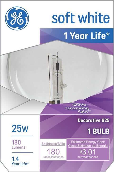 GE 12982 Light Bulb, CC-6 Filament, 3.12 in Dia x 4.5 in L Dimensions, 25 W, G25 Lamp, E26 Medium Lamp Base, 180 Lumens