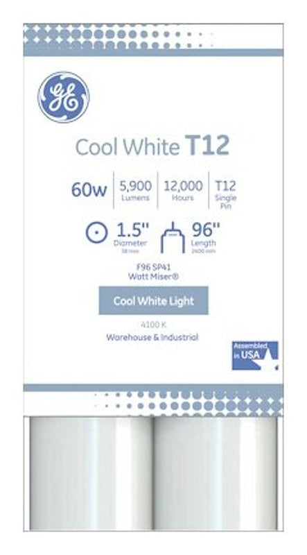 GE 40302 Fluorescent Linear Tube Light Bulb, 60 W, T12 Lamp, Single Pin Lamp Base, 5500 Lumens, 4100 K Color Temp