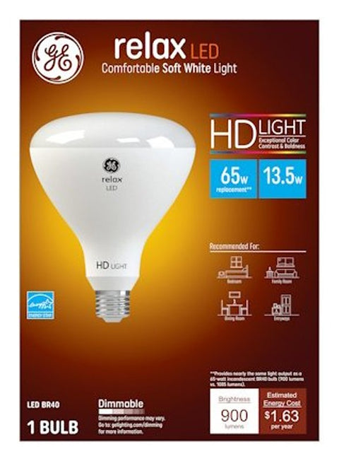GE 49525 LED Light Bulb, BR40 Lamp, 85 W Equivalent, E26 Medium Lamp Base, Dimmable, White, Soft White Light