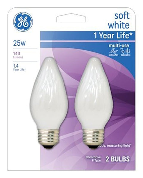 GE 75338 Ceiling Fan Bulb, 25 W, F15 Lamp, E26 Medium Lamp Base, 100 Lumens, 2400 K Color Temp, White Light, Pack of 4