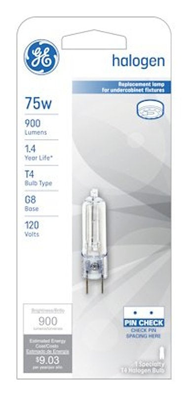 GE 97666 Halogen Bulb, 75 W, G8 Bi-Pin Lamp Base, T4 Lamp, Bright White Light, 900 Lumens, 2850 K Color Temp