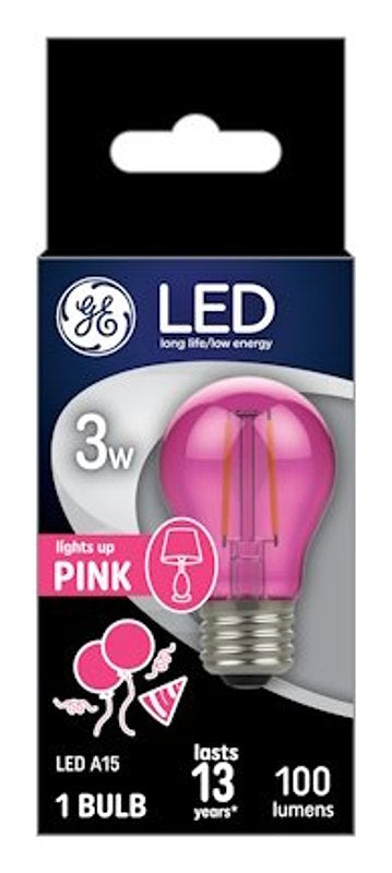 GE 93116859 Party Light Bulb, A15 Bulb, 3 W, Pink Bulb, LED Bulb, 2700 K Color Temp, 100 Lumens