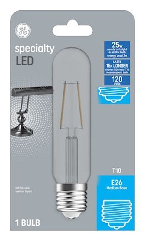 GE 93129002 LED Bulb, T10 Lamp, 25 W Equivalent, E26 Medium Lamp Base, Clear, 3000 K Color Temp