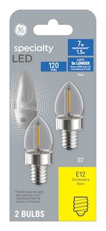 GE 93129008 Night Light Bulb, 1 W, Candelabra Lamp Base, C7 Lamp, 40 Lumens, 3000 K Color Temp