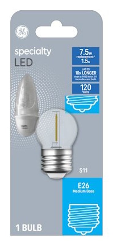 GE 93129012 LED Bulb, S11 Lamp, 7.5 W Equivalent, E26/24 Medium Lamp Base, Clear, Soft White Light