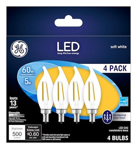GE 93129333 Decorative LED Light Bulb, Bent Tip, 500 Lumens, 5 W, CAC Lamp, 60 W Equivalent, E12 Candelabra Lamp Base
