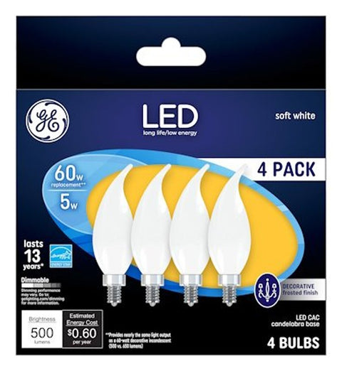 GE 93129350 LED Light Bulb, Bent Tip, CA11 Lamp, 60 W Equivalent, E12 Candelabra Lamp Base, Dimmable, Frosted