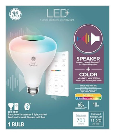 GE 93129778 Speaker Light Bulb with Remote, BR30 Bulb, 10 W, LED Bulb, 2700 K Color Temp, 700 Lumens