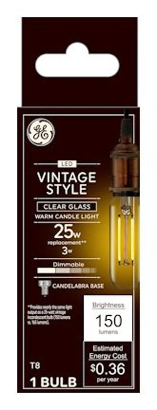 GE 93129849 Light Bulb, Vintage Style, T8 Linear Lamp, 25 W Equivalent, E12 Candelabra Lamp Base, Yes, Clear, Pack of 4