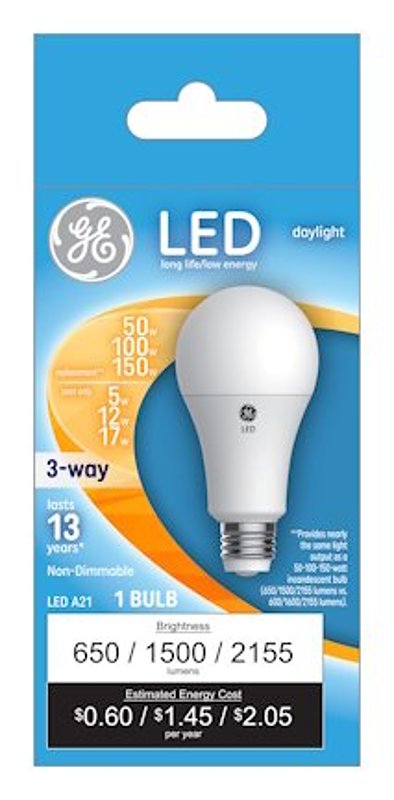 GE 93129882 LED Light Bulb, 3-Way, A19 Lamp, 50, 100, 150 W Equivalent, E26 Medium Lamp Base, White, Daylight Light