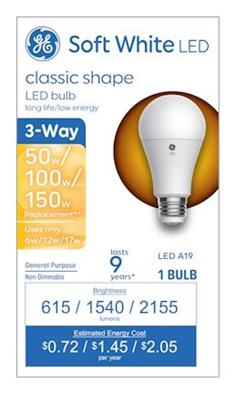 GE 93130566 LED Bulb, 3-Way, A19 Lamp, 50/100/150 W Equivalent, Medium Lamp Base, Soft White Light, 2700 K Color Temp