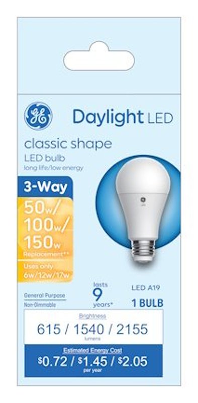 GE 93130568 LED Bulb, 3-Way, A19 Lamp, 50/100/150 W Equivalent, Medium Lamp Base, DayLight, 5000 K Color Temp