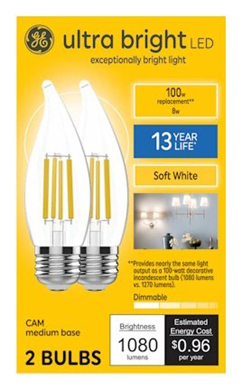 GE 93131752 Bulb, Candle Lamp, 100 W Equivalent, Medium Lamp Base, Yes, Warm White, 2700 K Color Temp