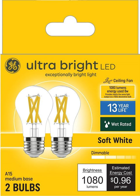 GE Ultra Bright A-1038345-01 LED Light Bulb, A15 Lamp, 100 W Equivalent, E26 Medium Lamp Base, Dimmable, Clear