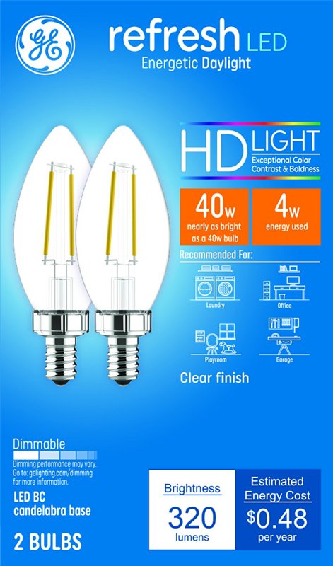 GE 31740 LED Bulb, Decorative, BC Lamp, 40 W Equivalent, E12 Lamp Base, Dimmable, Clear, Soft White Light