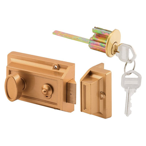 Prime-Line U 9967 Night Latch and Locking Cylinder, Aluminum, Brass, 2-9/32 in Backset, Kwikset Keyway