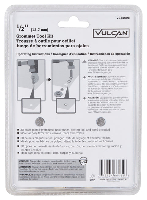 Vulcan JL-VT15988 Grommet Tool Kit, 30 -Piece, Brass/Steel, Brass/Silver, Brass/Zinc-Plated