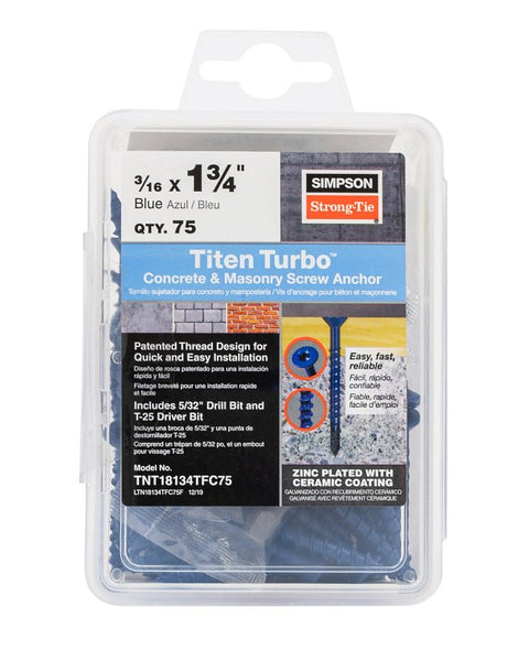 Simpson Strong-Tie Titen Turbo TNT18134TFC75 Screw Anchor, 3/16 in Dia, 1-3/4 in L, Carbon Steel, Flat Head, 75/PK