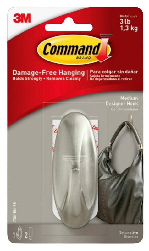 Command 17081-BN Designer Hook, 3 lb, 1 -Hook, Plastic, Brushed Nickel, Pack of 4