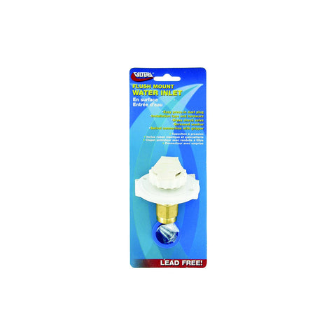 Valterra White Flush Mount FPT Brass Check Valve RV Water Inlet - Includes Screws, Putty Tape & Teflon Tape
