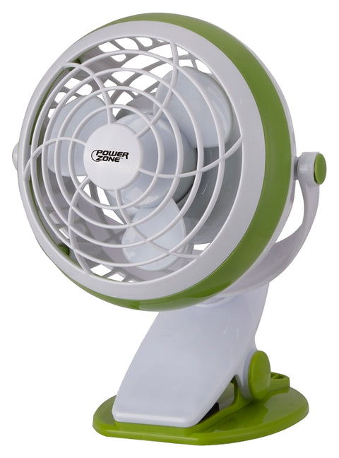 PowerZone QT-U409-D Desk and Clip-On Fan, 5 VDC, 4 in Dia Blade, 3-Blade, 1-Speed, 48 in L Cord, White/Blue/Green, Pack of 4