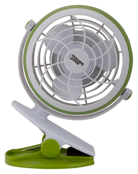 PowerZone QT-U409-D Desk and Clip-On Fan, 5 VDC, 4 in Dia Blade, 3-Blade, 1-Speed, 48 in L Cord, White/Blue/Green, Pack of 4