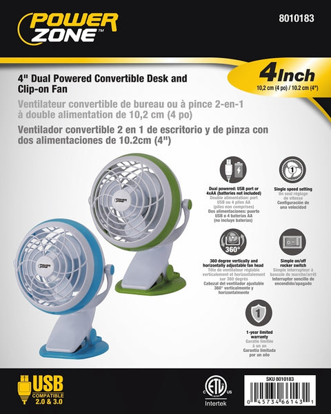 PowerZone QT-U409-D Desk and Clip-On Fan, 5 VDC, 4 in Dia Blade, 3-Blade, 1-Speed, 48 in L Cord, White/Blue/Green, Pack of 4
