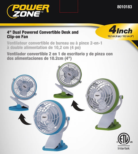 PowerZone QT-U409-D Desk and Clip-On Fan, 5 VDC, 4 in Dia Blade, 3-Blade, 1-Speed, 48 in L Cord, White/Blue/Green, Pack of 4