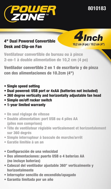 PowerZone QT-U409-D Desk and Clip-On Fan, 5 VDC, 4 in Dia Blade, 3-Blade, 1-Speed, 48 in L Cord, White/Blue/Green, Pack of 4