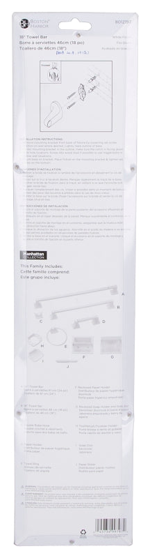 Boston Harbor L3618-51-07-3L Towel Bar, 18 in L Rod, White, Surface