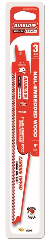 DIABLO DS0906CWS3 Reciprocating Saw Blade, 6/9 TPI, 9 in L, Bi-Metal