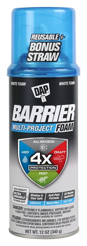 DAP Barrier 7565012530 Multi-Project Foam Sealant, White, 4 hr Functional Cure, 20 to 120 deg F, 12 oz Aerosol Can, Pack of 12