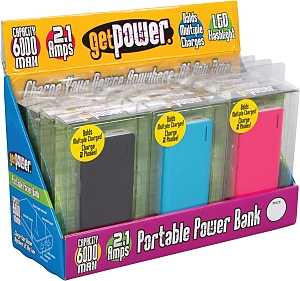 GetPower GP-DIS-PWRPCKV2 Power Bank, 2.1 A Charge, Black/Blue/Pink