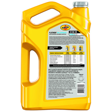 Pennzoil Platinum 5W-20 Gasoline Synthetic Motor Oil 5 qt 1 pk, Pack of 3