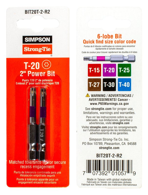Simpson Strong-Tie BIT20T-2-R2 Driver Bit, T20 Drive, 6-Lobe Drive, 1 ...