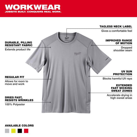Milwaukee Workskin L Short Sleeve Men's Crew Neck Gray Lightweight Performance Tee Shirt