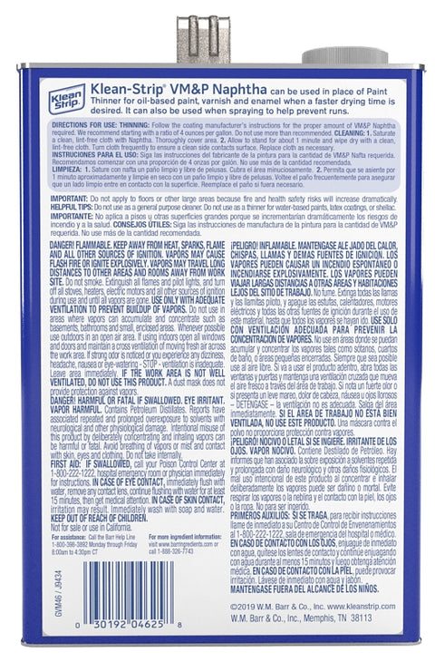 Klean Strip GVM46 Naphtha Thinner, Liquid, Hydrocarbon Solvent, Colorless, 1 gal, Can, Pack of 4