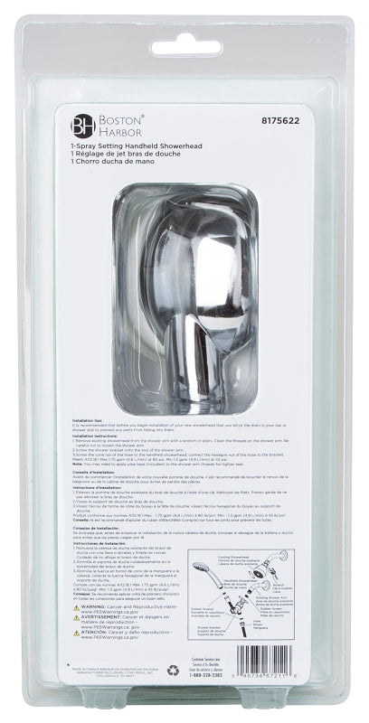 Boston Harbor HS01201CP Hand-Held Shower Head, 1.75 (6.6) 80 gpm (L/MIN) psi, 1/2-14 NPT Connection, Threaded, PVC