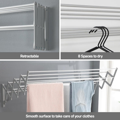 Wall Mount Clothes Drying Rack, Aluminum 8 Rods Expandable Wall Drying Rack for Laundry, Bathroom, Balcony, Indoor-Outdoor Use, 39 in Wide