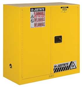 Justrite 893000 Safety Cabinet, Manual Door, 30 gal, 43 in OAW, 44 in OAH, 18 in OAD, 1-Shelf, Steel, Yellow
