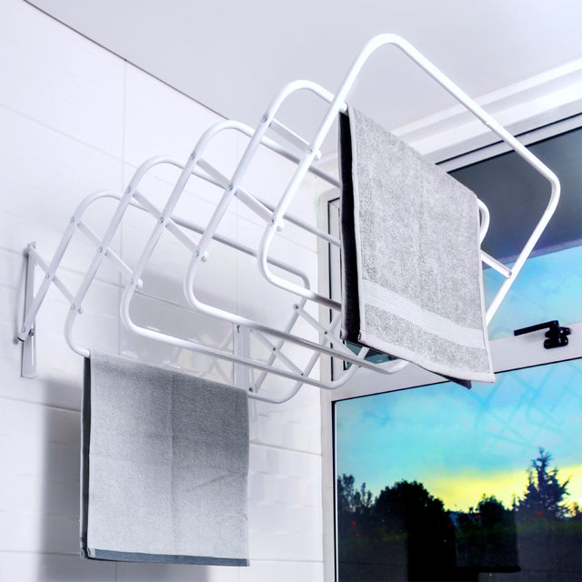 Steel Wall Mount Clothes Drying Rack, White Powder Coated, 9 Rods Expa ...