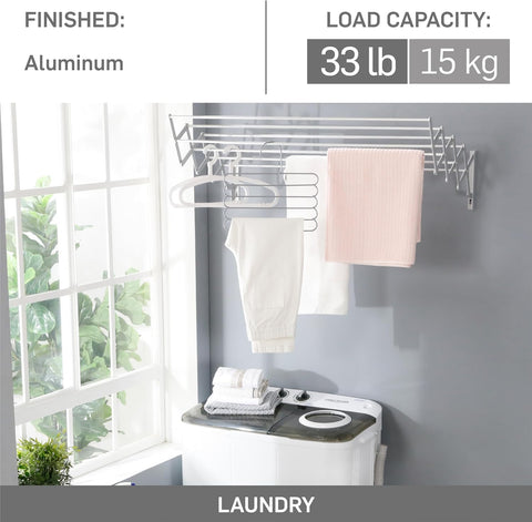 Wall Mount Clothes Drying Rack, Aluminum 8 Rods Expandable Wall Drying Rack for Laundry, Bathroom, Balcony, Indoor-Outdoor Use, 39 in Wide