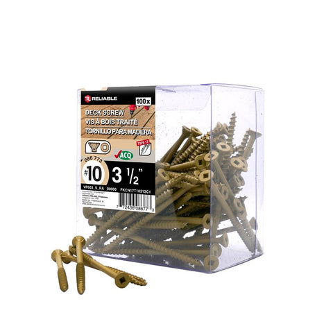 Reliable FKCN17T10312C1 Deck Screw, #10-9 Thread, 3-1/2 in L, Coarse, Partial Thread, Flat with Nibs Head, Square Drive