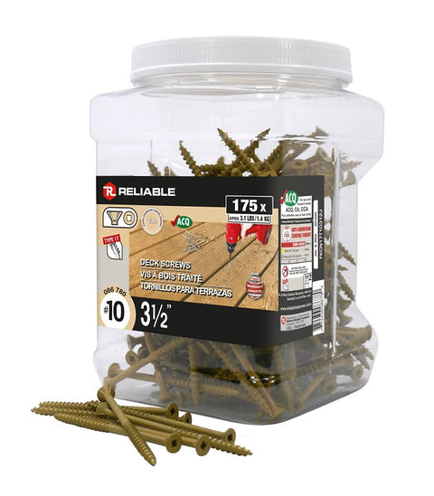 Reliable FKCN17T10312J Deck Screw, #10-9 Thread, 3-1/2 in L, Coarse, Partial Thread, Flat with Nibs Head, Square Drive