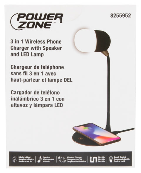 PowerZone SH08 3-in-1 Speaker with Wireless Phone Charger and LED Lamp, Black