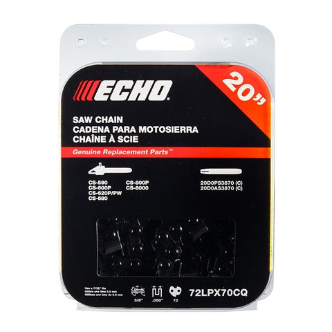 Echo 72LPX Series 72LPX70CQ Chainsaw Chain, Low Vibration Chain, 20 in L Bar, 0.05 in Gauge, 3/8 in TPI/Pitch, 70-Link