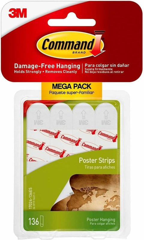 Command 17024-136ES Small Poster Strip, 5/8 in W, 1.813 in L, Foam Backing, White, 1 lb