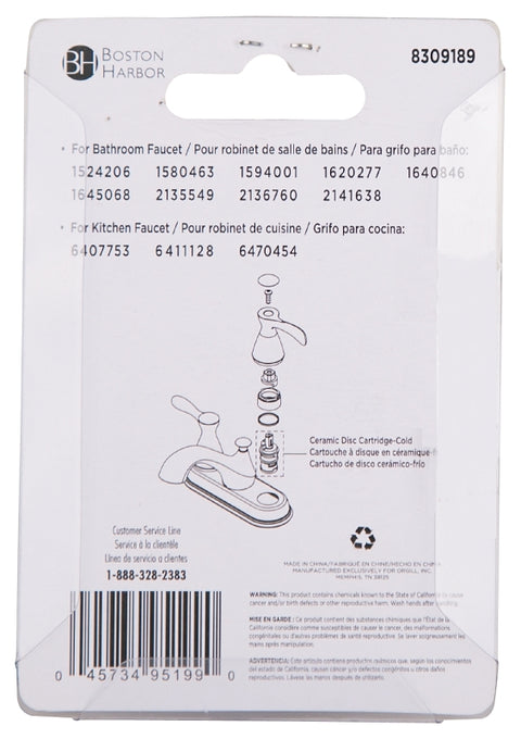 Boston Harbor A507104N-OBF1 Faucet Cartridge, W3/16-24 Connection, Plug-In, Brass/Ceramic/Plastic, 0.92 in L