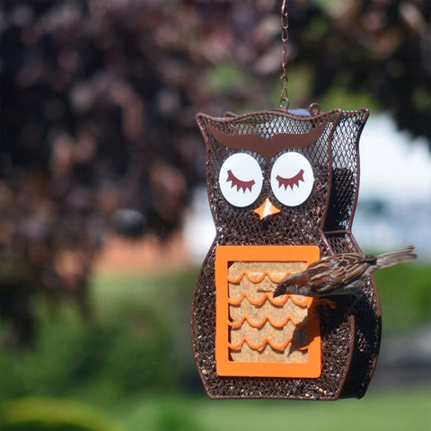 Heath 21703 Suet and Seed Bird Feeder, Whimsical Owl, 24 oz, 2-Port/Perch, Mesh, Brown/Orange, 12 in H